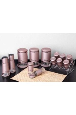 Pink Porcelain 13 Piece Glass Jar Spice Set 166104ED789E - GÖNÜL