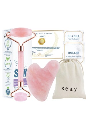 Pink Quartz Face Roller And Pink Heart Gua Sha Facial Massage Tool Set Natural Stone Certified - Seay