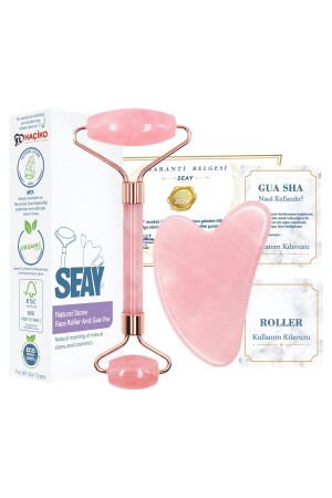 Pink Quartz (quartz) Face Roller and Heart Guasha Set of Two Natural Stone Gua Sha Premium Seay5213223 - Seay