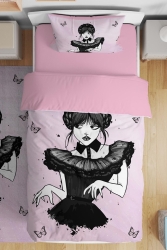 Pink Wednesday Addams gemusterte Einzelbettwäsche für Babys und Kinder evnev00166 - Evpanya