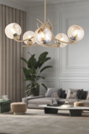 Pireal 5-Piece Round Antiqued Honey Glass Modern Living Room Chandelier 4107-05-FR - Apliqa