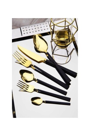 Pırlanta Gold Black Fork Spoon Knife Set 18 Pieces for 6 Persons (dining Group) pgs - Demir Çeyiz