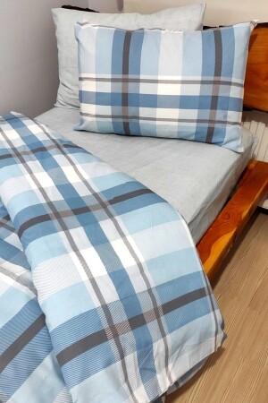 Plaid Blue 4 Piece Duvet Cover Set with Elastic Sheets for Single Person (100X200 CM) - Candan Çeyiz