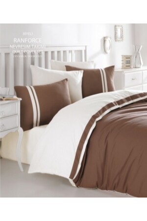 Plain Piping King Size Duvet Cover Set Cream - Brown & 100% Cotton Duvet Cover Set (4 Pillowcases) - Majoli Bahar Home Collection