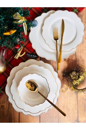 Plain White Gold Detailed Porcelain 24 Piece Luxury Dinner Set TR3679 - CASA DE BELLA