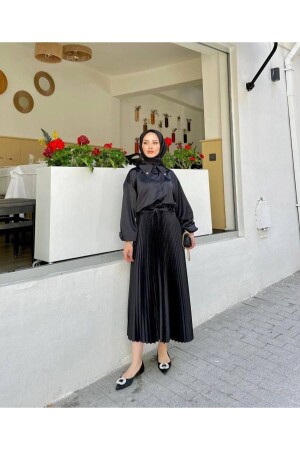 Pleated Satin Look Long Skirt - Pamuckdesign