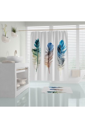 Plume Bath Mat And Single Wing Shower Curtain 1x180x200 Bath Curtain Mat Set BAHPLM5080 - Zethome