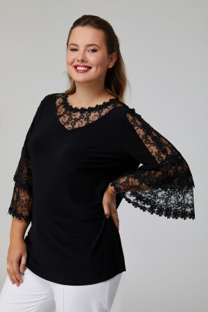 Plus Size Blouse with Lace and Flower Motif Detail - Miyoro