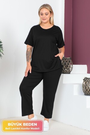 Plus Size Comfort Model 2-Piece Set with Elastic Waist Trousers Tunic T-Shirt Double Top-Bottom Set - Tarzımsüper