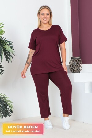 Plus Size Comfort Model 2-teiliges Set mit elastischem Bund, Hose, Tunika, T-Shirt, doppeltes Oberteil-Unterteil-Set - Tarzımsüper