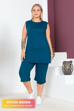 Plus Size Comfort Model Capri 2-teiliger Anzug mit elastischem Bund und Tasche Capri-Shorts Top-Top 2-teiliges Set - Tarzımsüper