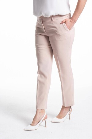 Plus Size Cream High Waist Lycra Ankle Length Pocket Fabric Trousers - Hanezza