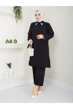 Plus Size Double Hijab Suit with Pearl Beaded Collar and Cuff - Asyadabutik
