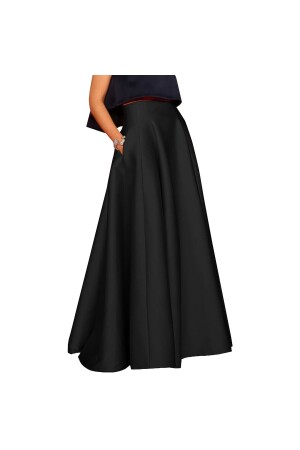 Plus Size High Waist Maxi Long A-line Satin Skirt with Pockets - Nsm