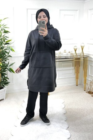 Plus Size Jade Thick Fleece Hooded Tunic - Anthracite - Aşkı Endam