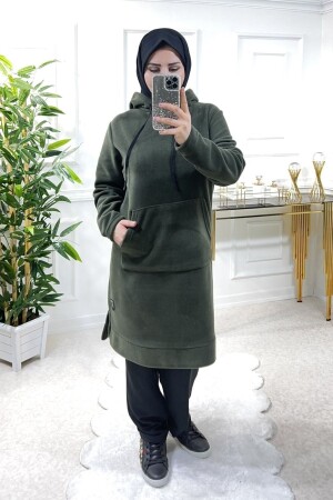Plus Size Jade Thick Fleece Hooded Tunic - Khaki - Aşkı Endam