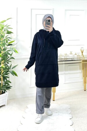Plus Size Jade Thick Fleece Hooded Tunic - Navy Blue - Aşkı Endam