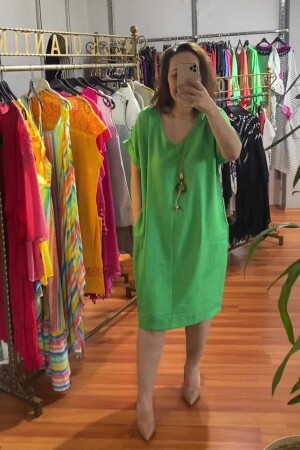 Plus Size Linen Ayrobin Dress with Necklace Green - Zer Otantik