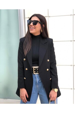 Plus Size Long Black Blazer Jacket with Gold Buttons - Ashley
