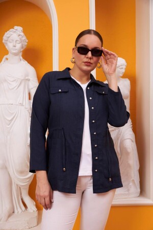 Plus Size Navy Blue Linen Jacket with Waist Tie Detail - Rmg