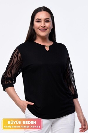 Plus Size New Season Lace Sleeves Evening Dress Model Short Sleeve 4 Season Tulle Detailed Mother Elegant Blouse - Tarzımsüper