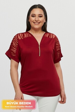 Plus Size New Season Sleeve Transparent Zippered Comfort Model Short Sleeve Combed Cotton Tunic T-Shirt - Tarzımsüper