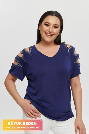 Plus Size New Season Sleeves Sequin Comfort Model Short Sleeve V-Neck Stylish Combed Cotton Tunic T-Shirt - Tarzımsüper