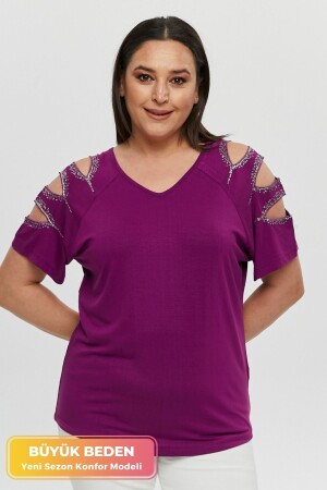 Plus Size New Season Sleeves Sequin Comfort Model Short Sleeve V-Neck Stylish Combed Cotton Tunic T-Shirt - Tarzımsüper