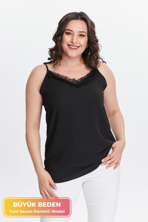 Plus Size New Season Stylish Evening Dress Model Sleeveless Flowy Blouse with String Strap and Lace Collar - Tarzımsüper
