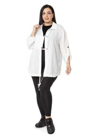 Plus Size Pocket Detailed Folded Sleeve White Jacket - Disentis Modest