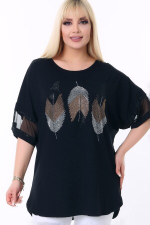 Plus Size Round Collar Sleeve End Tulle Stripe Feather Stone Printed Flexible and Cool Lycra Plus Size Blouse - Kheos