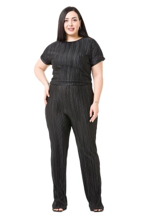Plus Size Short Sleeve Black Women's Jumpsuit with Elastic Waist Zipper - Disentis Modest