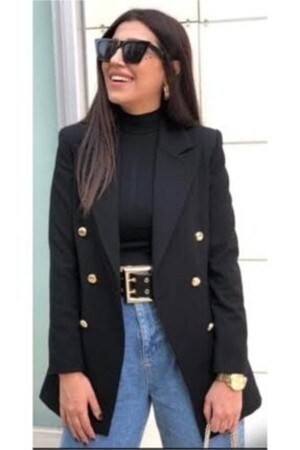 Plus Size (Size 52) Long Black Blazer Jacket with Gold Buttons - Ashley