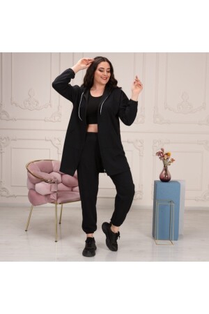Plus Size Tomy Zippered Hooded Tracksuit Set Black - Cng Moda
