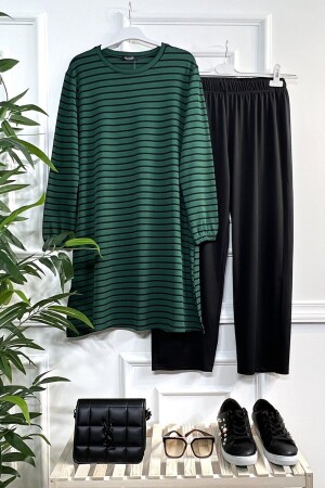 Plus Size Tuana Striped Ribbed Full Flexible Double Suit - Emerald - Aşkı Endam