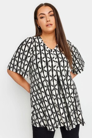 Plus Size V-Neck Patterned Asymmetrical Cut Lycra Blouse 302537 - Stil Diva