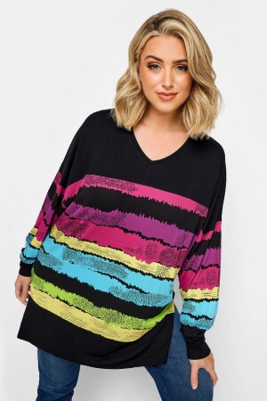 Plus Size V-Neck Striped Long Sleeve Blouse with Slits on the Sides 302014 - Stil Diva