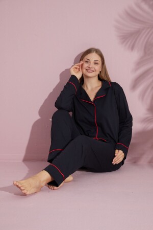 Plus Size Women's Black Long Sleeve Cotton Front Buttoned Pijama Set - Pijamood