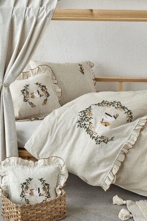 Polina Kız Bebek Nevresim Takımı %100 Keten El Nakışlı Bej 100x150 cm - Ecocotton