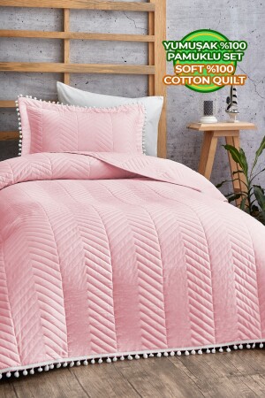 Pompom 100% Cotton Single Bedspread (Pique) Set Powder Q-AKC-00802 - Evlen Home Collection