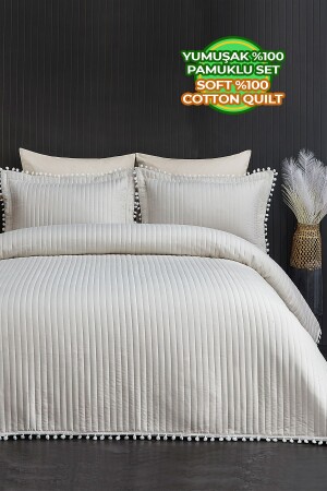 Pompom Double 100% Cotton Bedspread (Pique) Set Cream - Evlen Home