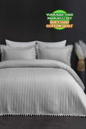 Pompom Double 100% Cotton Bedspread (Pique) Set Gray - Evlen Home