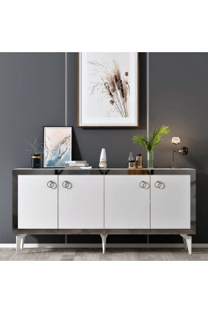 PONNY CONSOLE WITH 4 DOORS AND SHELVES WHITE-SILVER KNS8048 - DEMONTE DECOR
