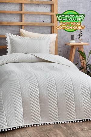 MNZ-Pompom 100% القطن الواحد يومي غطاء السرير (بيك) مجموعة الكريم / خارج الأبيض Q-AKC-00802 - Evlen Home Collection
