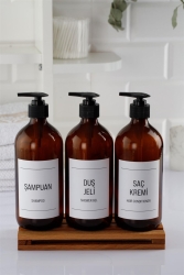Ponte 3'lü 500 ml Amber Cam Şişe & Ahşap Stand Banyo Düzenleyici 22x10x25 Cm 1000499 - ANJEAHOME