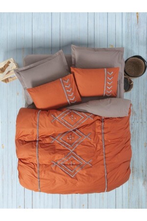 Pouf Embroidered Ranforce Double Duvet Cover Set Lia Tile Beige 8680108062395 - Cotton Box