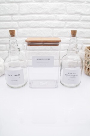 Powder Detergent Jar with Wooden Lid 2000ml - Liquid Detergent and Softener Bottle with Cork Lid 1000ml - Zezedesing