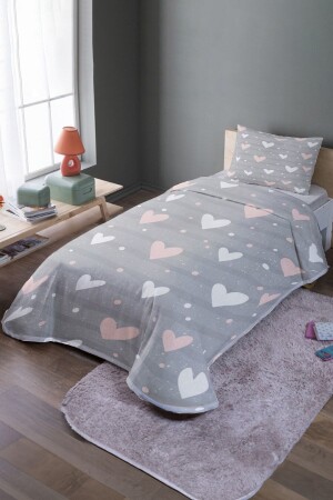 Powder Hearts Patterned Single Bedspread and Pique Set - Evpanya