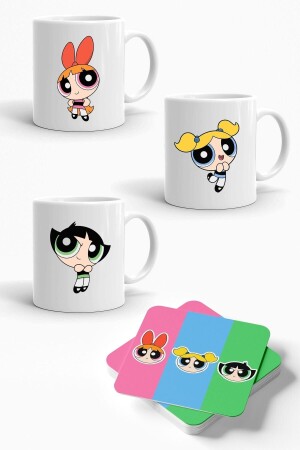 Powerpuff Girls Bedrucktes 3-teiliges Set aus Porzellanbechern und 3-teiligen Untersetzern KP00083 - Öz Kupa
