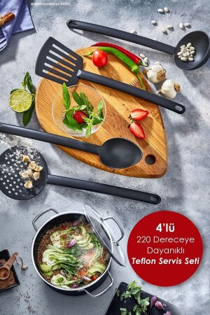 Practical 4-Piece Fireproof Non-Stick Teflon Serving Set 220 Degree Durable Ladle-colander-spatula-spoon - Genel Markalar